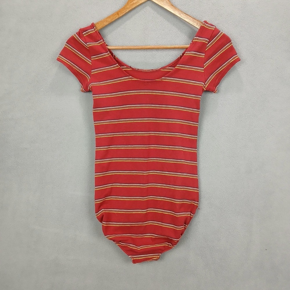 Womens One Piece Bodysuit Medium Maroon Striped Scoop Neck Aesthetic Sexy Beach